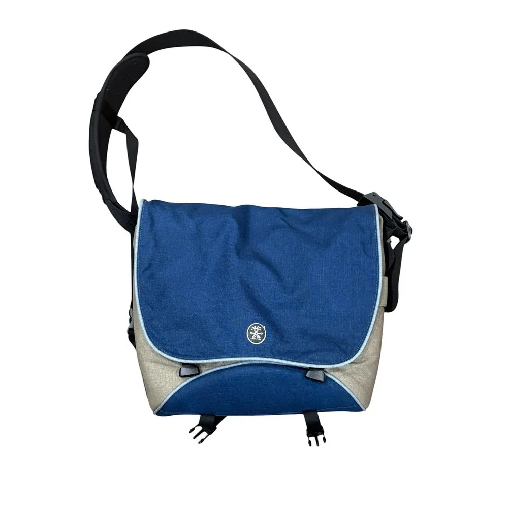 Crumpler Messenger Bag Blue Tan Canvas Orange Lining Padded Strap Commuter Bag